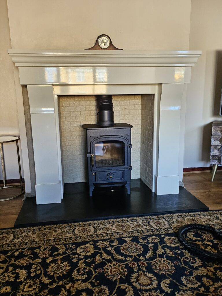 Clearview Pioneer 400 in marble fireplace